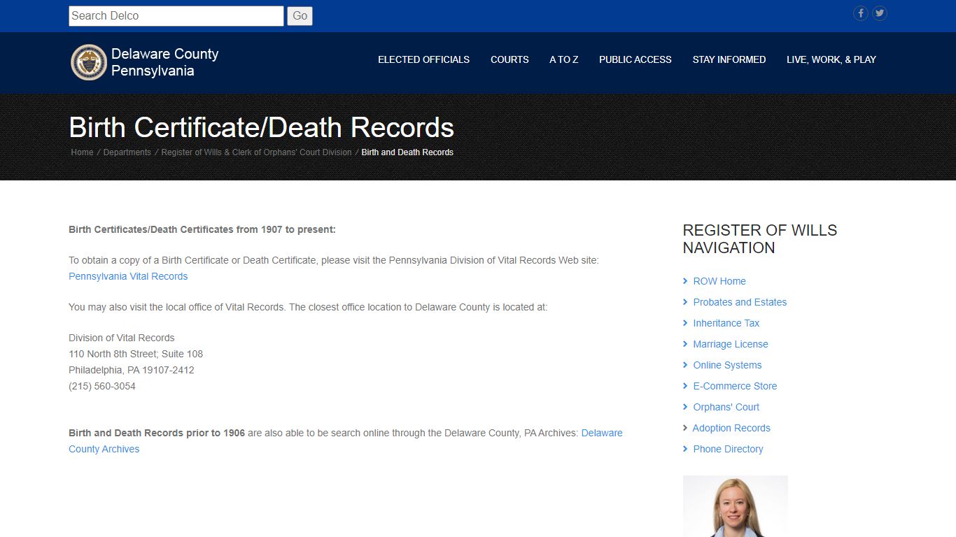 Birth Certificate/Death Records - Delaware County, Pennsylvania